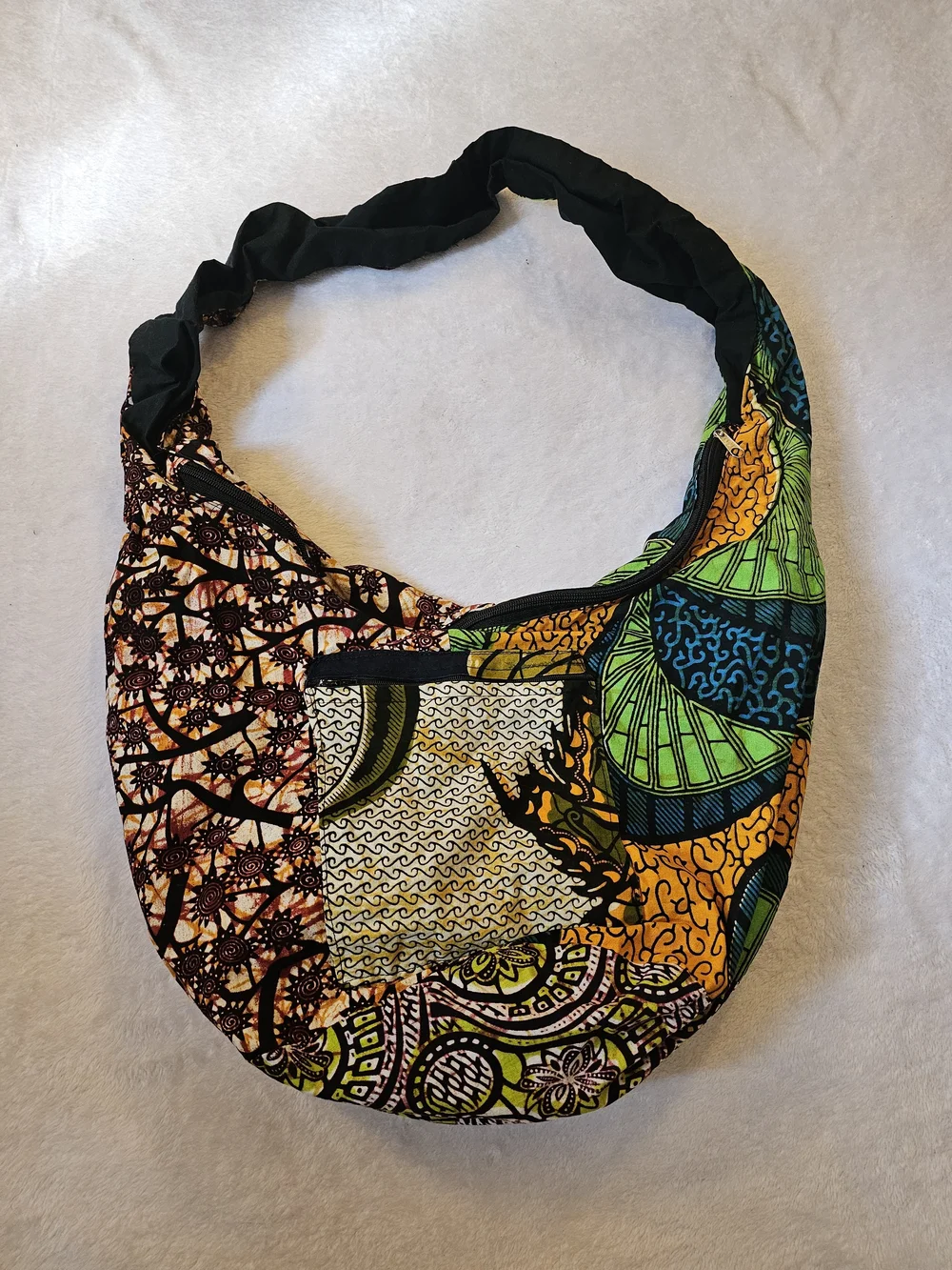 Colorful Boho Patchwork Hobo Bag in Green, Yellow and Black